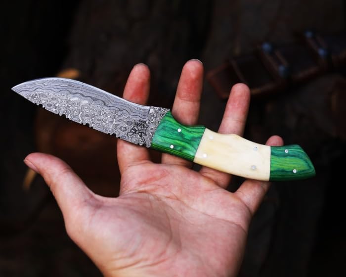 ADAM KNIVES Fixed Blade Damascus Steel Hunting Knife with Leather Sheath, 9'' Full Tang Hunting Skinning Knife,Non-Slip Wooden Handle,Camping Knife (Green Wood)