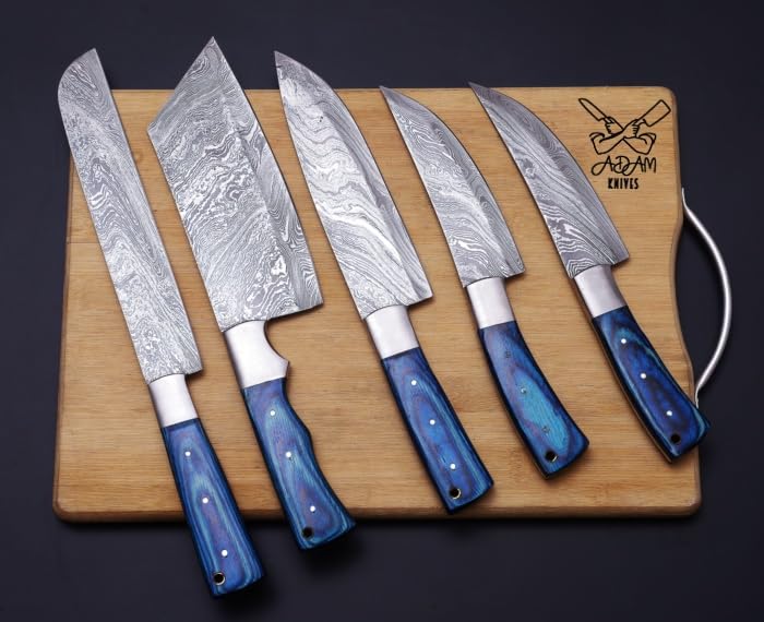 ADAM KNIVES Custom Handmade Damascus Steel 5 PCS Chef Kitchen Knife Set,Professional Kitchen Knives With Cow Hide Kit Roll (Blue Wood)