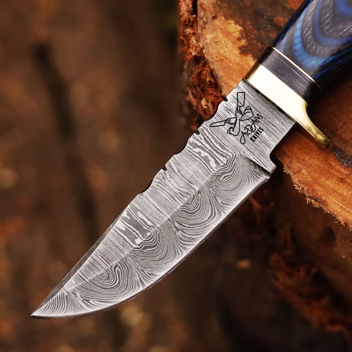 Handmade Damascus Steel Hunting Knife | Skinning Knife | Skinner Knife | 105 Woodsman Fixed Blade Hunting Knife With Leather Sheath | Unique Gift (Blue & Black)