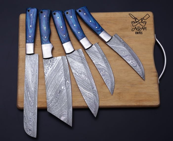 ADAM KNIVES Custom Handmade Damascus Steel 5 PCS Chef Kitchen Knife Set,Professional Kitchen Knives With Cow Hide Kit Roll (Blue Wood)