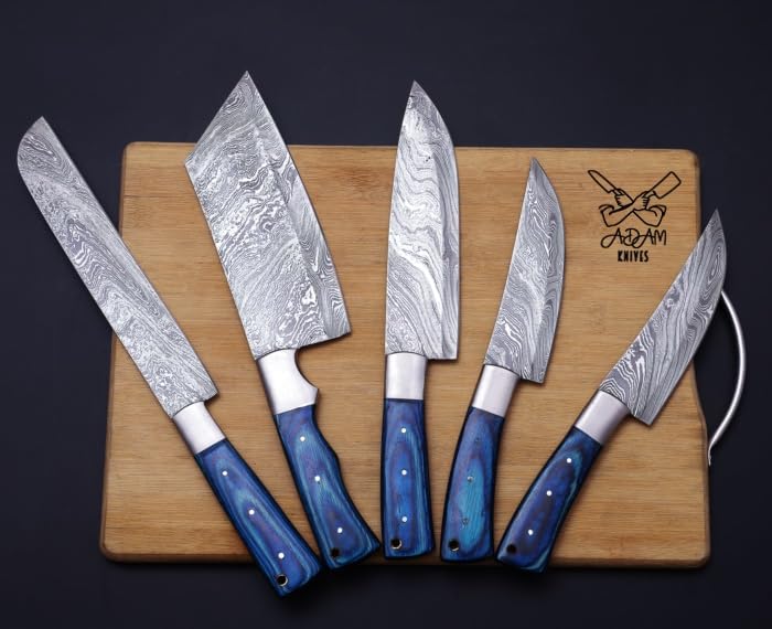 ADAM KNIVES Custom Handmade Damascus Steel 5 PCS Chef Kitchen Knife Set,Professional Kitchen Knives With Cow Hide Kit Roll (Blue Wood)