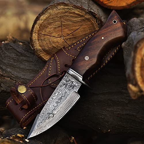 ADAM KNIVES 10-inch Handmade Damascus Hunting Knife, Fixed Blade Knife With Leather Sheath, Non Slip Wood Handle (American)