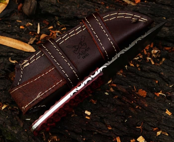 ADAM KNIVES Fixed Blade Damascus Steel Hunting Knife with Leather Sheath, 8'' Full Tang Hunting Skinning Knife,Camping Knife for Hiking,Survival Gift (Maroon Color Wood)