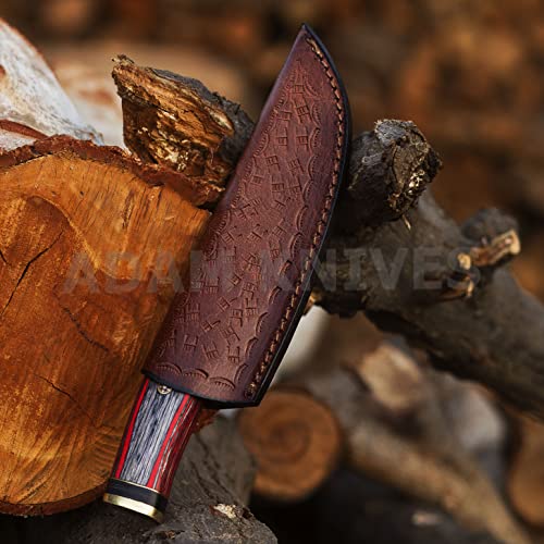 ADAM KNIVES Handmade Damascus Steel Hunting Knife | Skinning Knife | Skinner Knife | 102 Woodsman Fixed Blade Hunting Knife With Leather Sheath | Unique Gift (Red & Black)