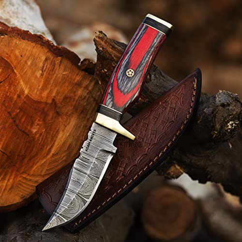 ADAM KNIVES Handmade Damascus Steel Hunting Knife | Skinning Knife | Skinner Knife | 102 Woodsman Fixed Blade Hunting Knife With Leather Sheath | Unique Gift (Red & Black)