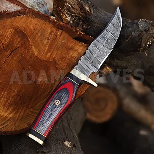 ADAM KNIVES Handmade Damascus Steel Hunting Knife | Skinning Knife | Skinner Knife | 102 Woodsman Fixed Blade Hunting Knife With Leather Sheath | Unique Gift (Red & Black)