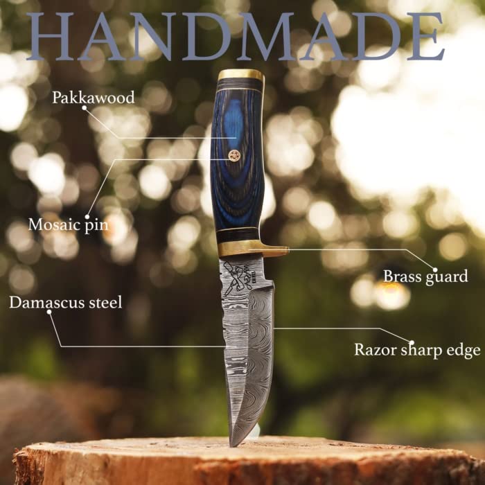 Handmade Damascus Steel Hunting Knife | Skinning Knife | Skinner Knife | 105 Woodsman Fixed Blade Hunting Knife With Leather Sheath | Unique Gift (Blue & Black)