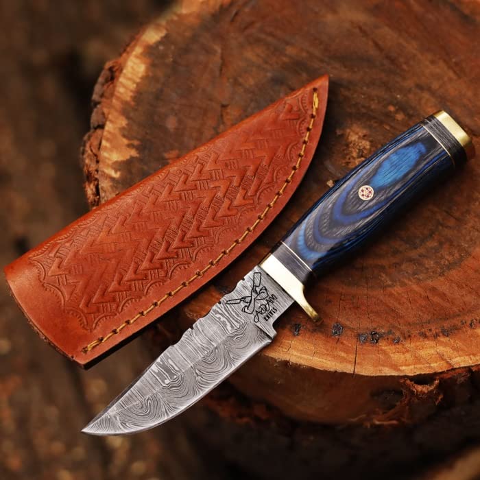 Handmade Damascus Steel Hunting Knife | Skinning Knife | Skinner Knife | 105 Woodsman Fixed Blade Hunting Knife With Leather Sheath | Unique Gift (Blue & Black)