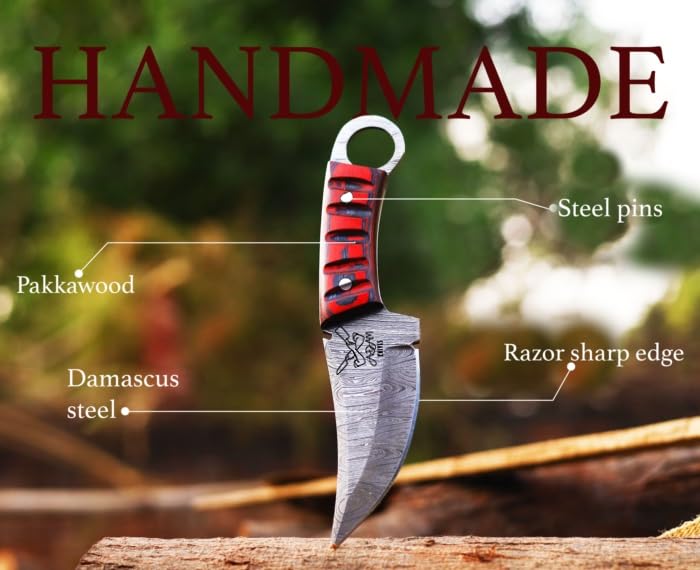 ADAM KNIVES Fixed Blade Damascus Steel Outdoor Knife with Pancake Leather Sheath, 8'' Full Tang Bushcraft Survival Knife,Non-Slip Wooden Handle,Camping Knife (Damascus)