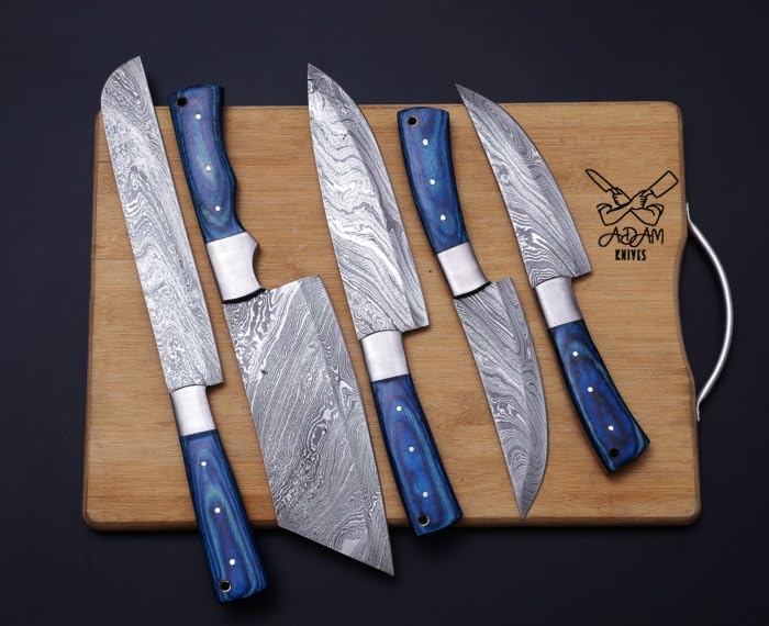 ADAM KNIVES Custom Handmade Damascus Steel 5 PCS Chef Kitchen Knife Set,Professional Kitchen Knives With Cow Hide Kit Roll (Blue Wood)