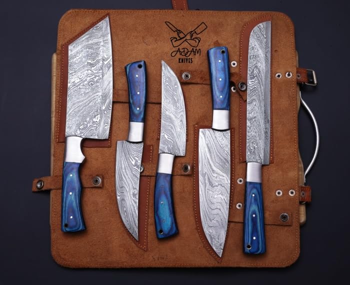 ADAM KNIVES Custom Handmade Damascus Steel 5 PCS Chef Kitchen Knife Set,Professional Kitchen Knives With Cow Hide Kit Roll (Blue Wood)