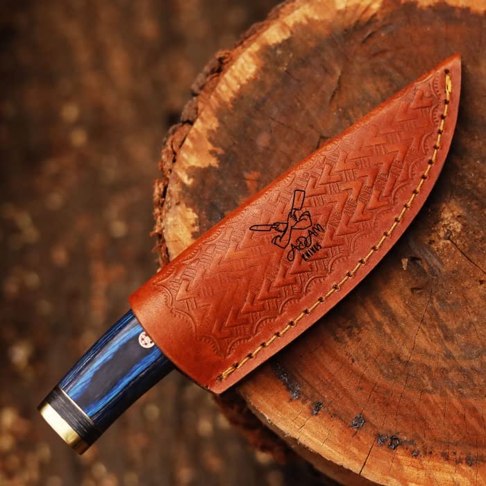 Handmade Damascus Steel Hunting Knife | Skinning Knife | Skinner Knife | 105 Woodsman Fixed Blade Hunting Knife With Leather Sheath | Unique Gift (Blue & Black)