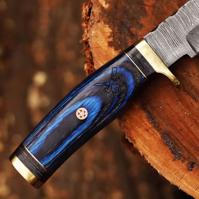 Handmade Damascus Steel Hunting Knife | Skinning Knife | Skinner Knife | 105 Woodsman Fixed Blade Hunting Knife With Leather Sheath | Unique Gift (Blue & Black)