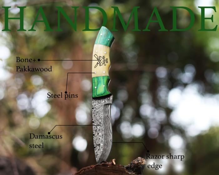 ADAM KNIVES Fixed Blade Damascus Steel Hunting Knife with Leather Sheath, 9'' Full Tang Hunting Skinning Knife,Non-Slip Wooden Handle,Camping Knife (Green Wood)