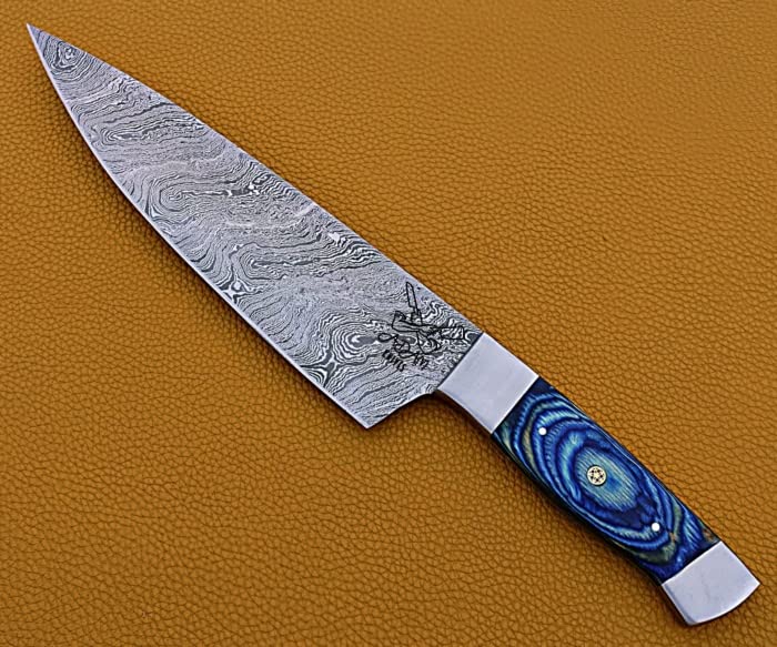 ADAM KNIVES Handmade Damascus Steel Chef Knife, Kitchen Knife, Razor Sharp Professional Meat Cutting Knife (Blue Color Wood)