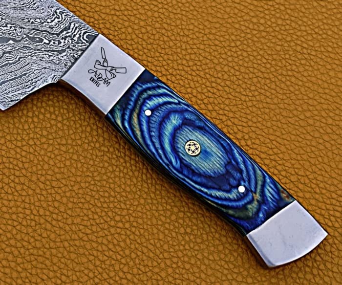 ADAM KNIVES Handmade Damascus Steel Chef Knife, Kitchen Knife, Razor Sharp Professional Meat Cutting Knife (Blue Color Wood)