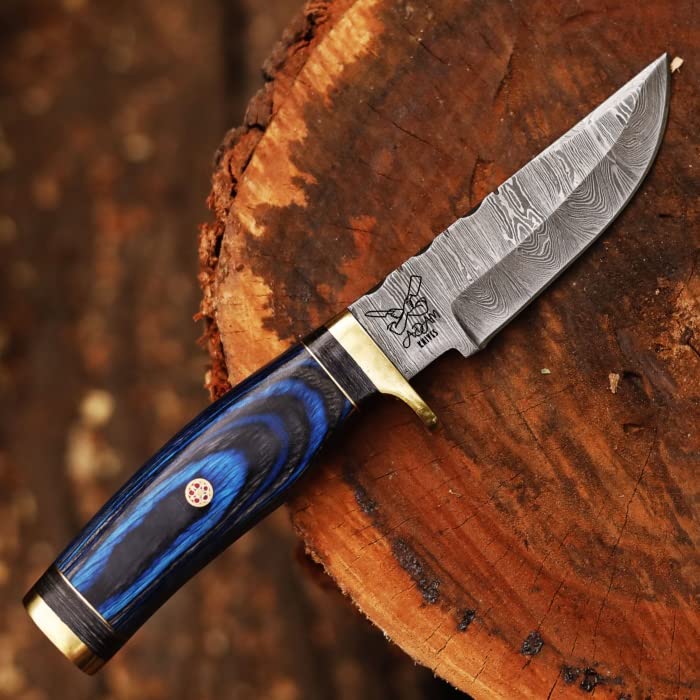 Handmade Damascus Steel Hunting Knife | Skinning Knife | Skinner Knife | 105 Woodsman Fixed Blade Hunting Knife With Leather Sheath | Unique Gift (Blue & Black)