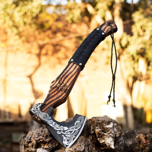 ADAM KNIVES Handmade Gift Forged Carbon Steel Viking Axe, Camping Hatchet with Ash Wood Shaft (Medieval Axe)