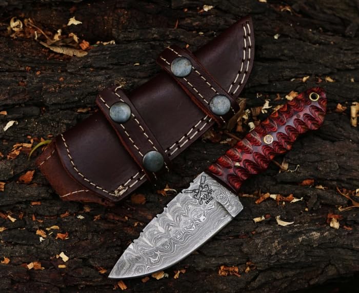 ADAM KNIVES Fixed Blade Damascus Steel Hunting Knife with Leather Sheath, 8'' Full Tang Hunting Skinning Knife,Camping Knife for Hiking,Survival Gift (Maroon Color Wood)