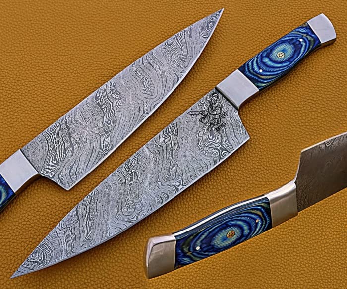 ADAM KNIVES Handmade Damascus Steel Chef Knife, Kitchen Knife, Razor Sharp Professional Meat Cutting Knife (Blue Color Wood)