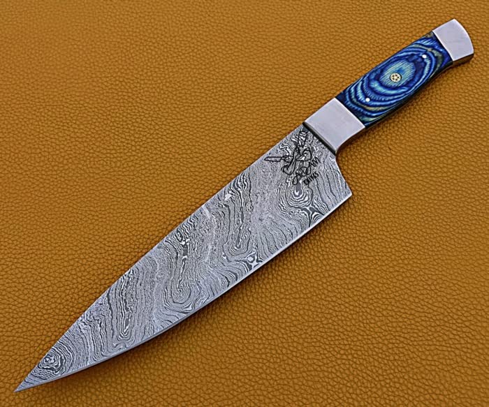 ADAM KNIVES Handmade Damascus Steel Chef Knife, Kitchen Knife, Razor Sharp Professional Meat Cutting Knife (Blue Color Wood)