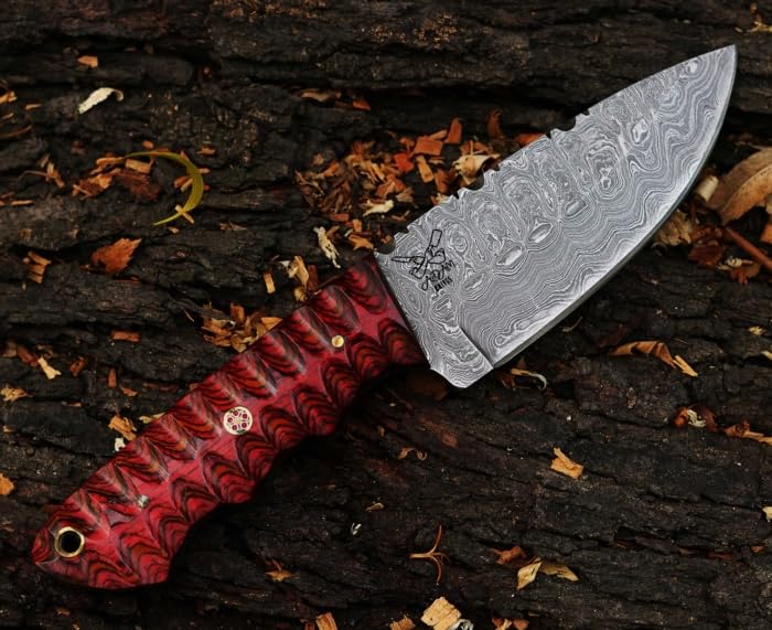 ADAM KNIVES Fixed Blade Damascus Steel Hunting Knife with Leather Sheath, 8'' Full Tang Hunting Skinning Knife,Camping Knife for Hiking,Survival Gift (Maroon Color Wood)