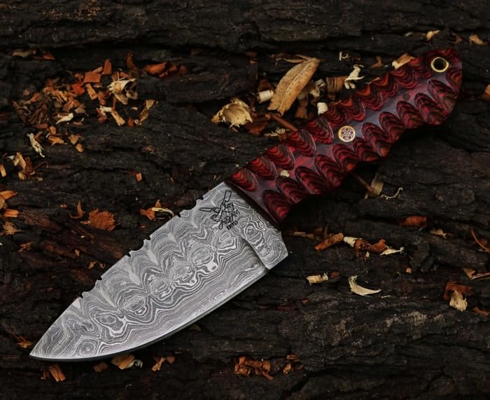 ADAM KNIVES Fixed Blade Damascus Steel Hunting Knife with Leather Sheath, 8'' Full Tang Hunting Skinning Knife,Camping Knife for Hiking,Survival Gift (Maroon Color Wood)