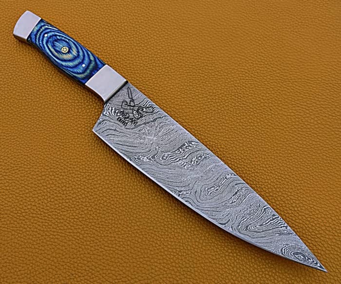 ADAM KNIVES Handmade Damascus Steel Chef Knife, Kitchen Knife, Razor Sharp Professional Meat Cutting Knife (Blue Color Wood)