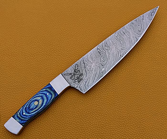 ADAM KNIVES Handmade Damascus Steel Chef Knife, Kitchen Knife, Razor Sharp Professional Meat Cutting Knife (Blue Color Wood)