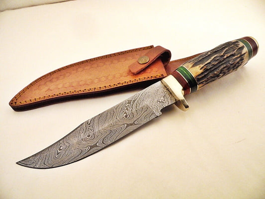 Custom Made Damascus Steel Hunting Knife/ Bowie Knife With Stag Horn FR 20015639