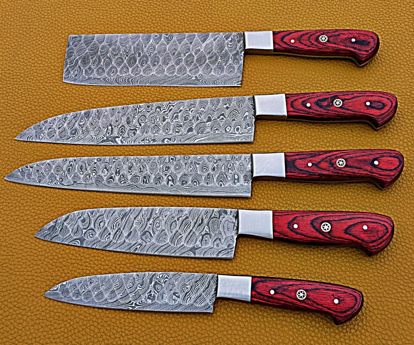 Handmade Damascus Steel Tiger Wood Grooved Blades Kitchen Knives Set FR-20021164