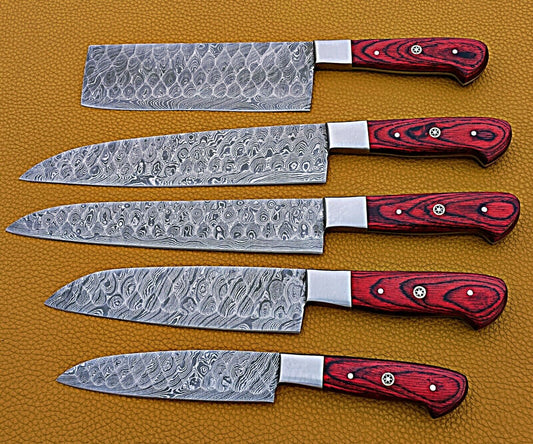 Handmade Damascus Steel Tiger Wood Grooved Blades Kitchen Knives Set FR-20021164