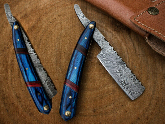 Custom Hand Made Damascus Steel Straight Razor Knife FR 2000026Blue