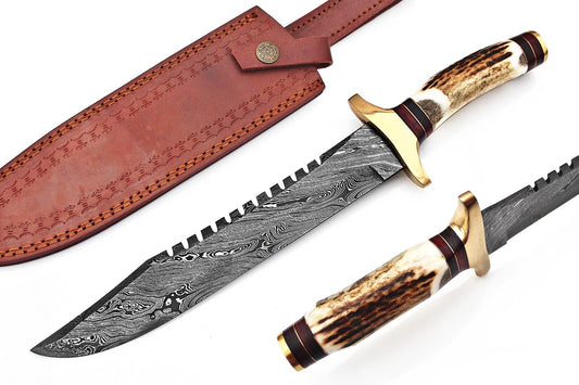 Custom Made Damascus Steel Hunting Knife/ Bowie Knife With Stag Horn FR 20018747