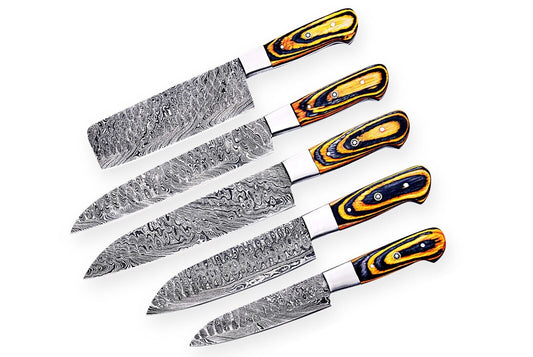 Custom Hand made Damascus Steel Kitchen / BBQ / Chef Knives 5 Pc Set FR-20021112