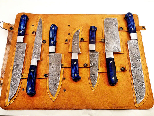 Custom Hand Made Damascus Steel Kitchen Knife Set/Chef Knives 7Pcs. FR2001097BLU