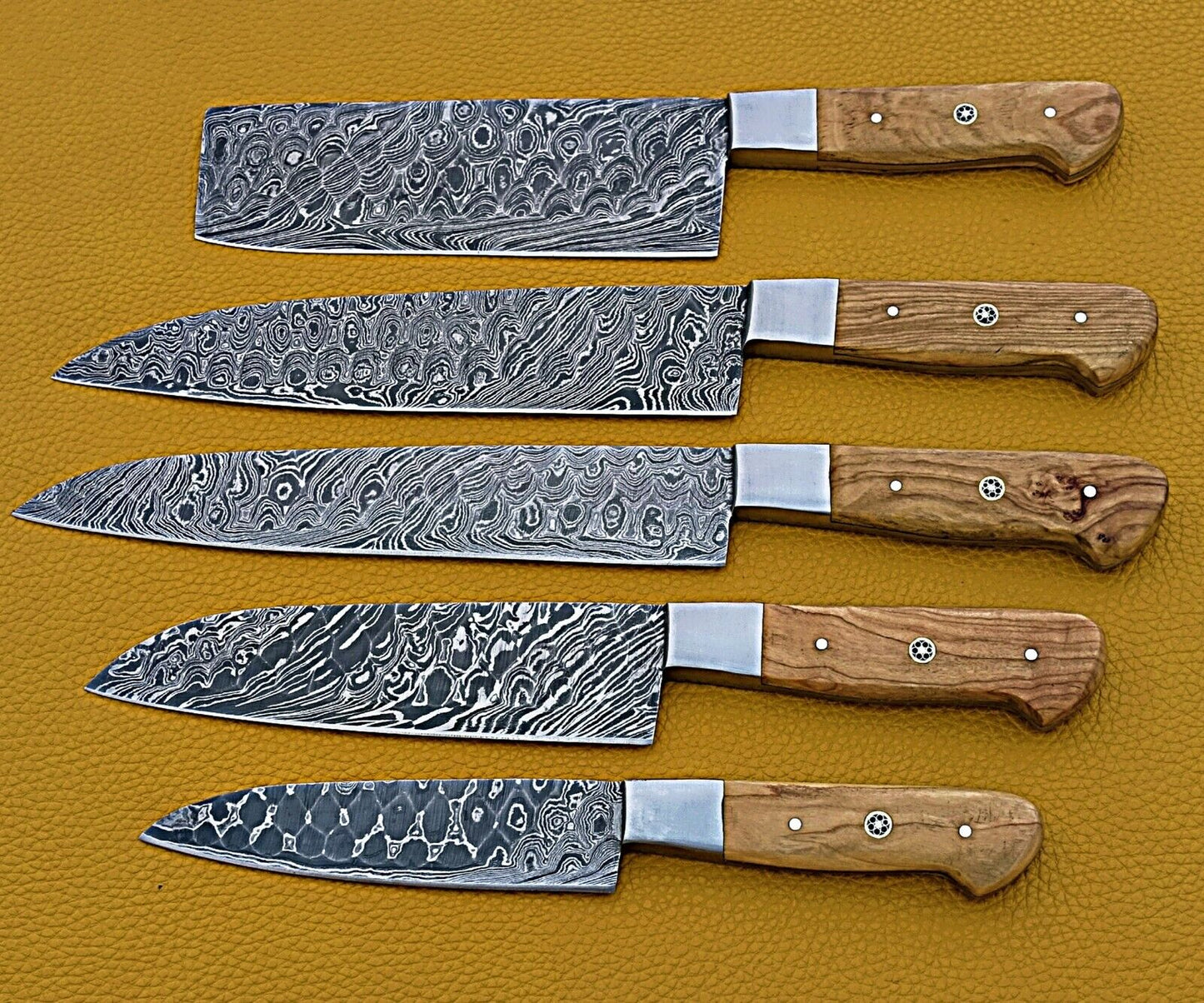 Handmade Damascus Steel Kao Wood Grooved Blades Kitchen Knives Set FR-20021163