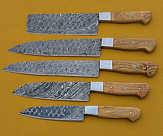 Handmade Damascus Steel Kao Wood Grooved Blades Kitchen Knives Set FR-20021163