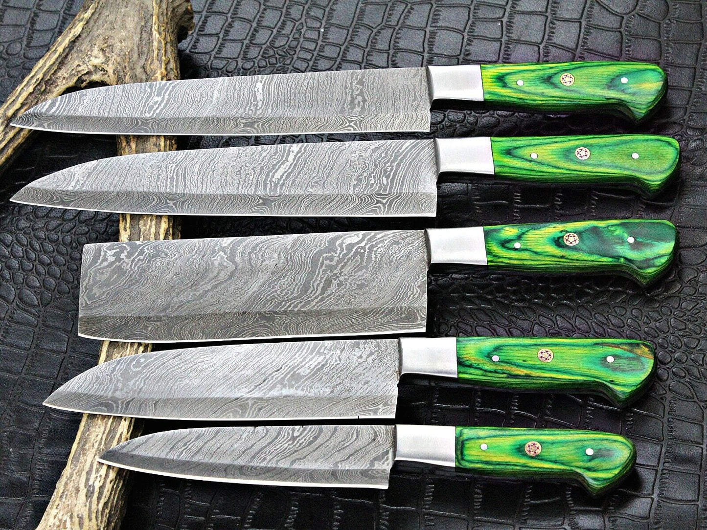 Handmade Damascus Steel With Green Wood Handles Kitchen Knives Set FR-20021104