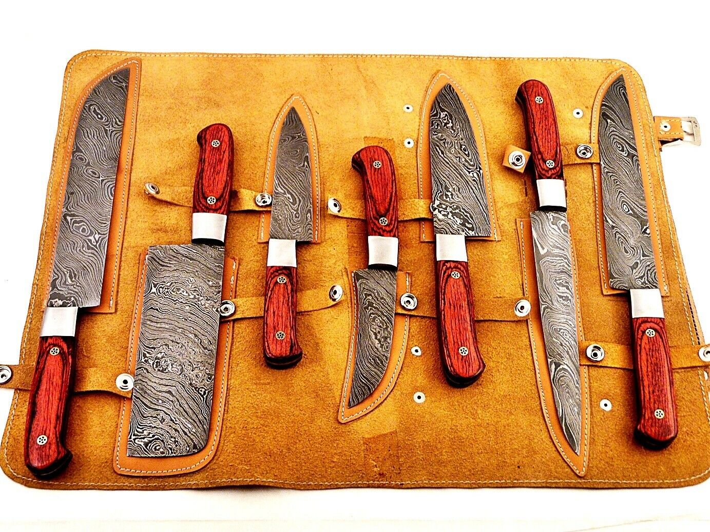 Custom Hand Made Damascus Steel Kitchen Knife Set/Chef Knives 7Pcs. FR2001097RED