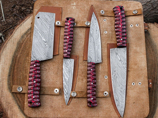 Custom made Damascus Steel With Exotice Red Wood Chef Knives Set FR-20021152