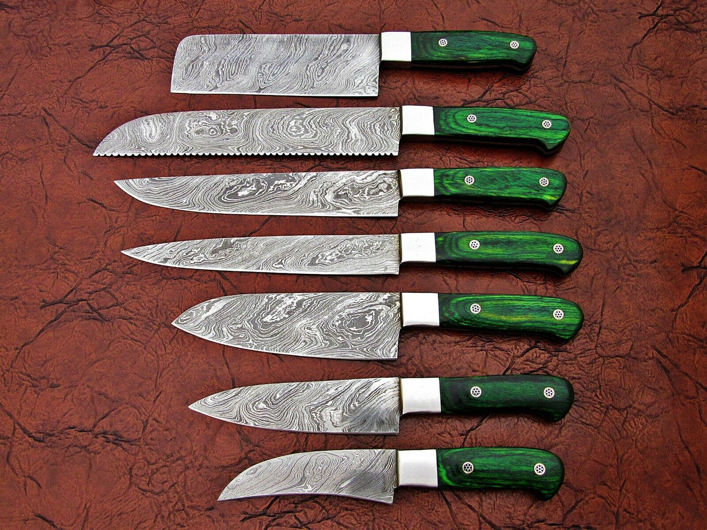 Custom Hand Made Damascus Steel Kitchen Knife Set/Chef Knives 7Pcs. FR 2001097GR