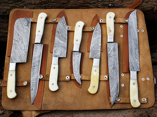 Custom Hand Made Damascus Steel Kitchen Knife Set/Chef Knives 7Pcs.FR2001097Bone