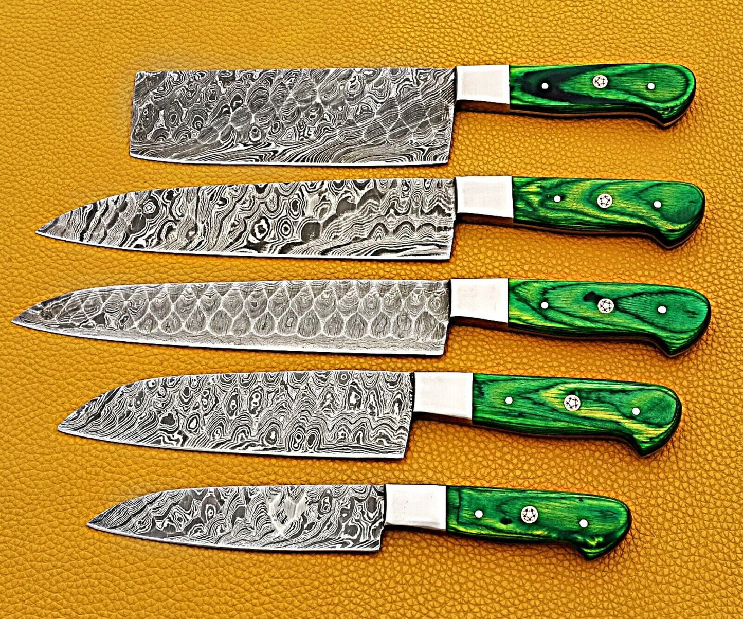 Handmade Damascus Steel Green Wood Grooved Blades Chef Knives Set FR-20021166