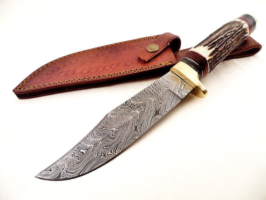 Custom Made Damascus Steel Hunting Knife/ Bowie Knife With Stag Horn FR 20015644