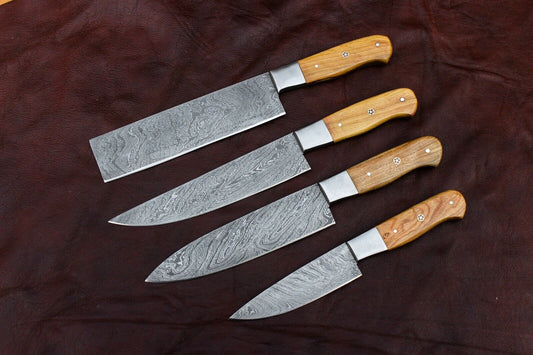 Custom Hand made Damascus Steel Kitchen / BBQ / Chef Knives 4 Pc Set FR-20021159