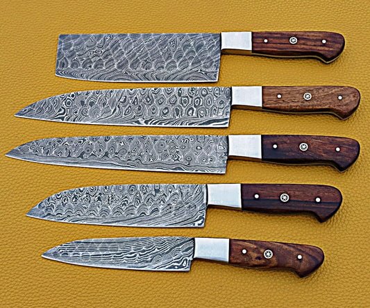 Handmade Damascus Steel Rose Wood Grooved Blades Kitchen Knives Set FR-20021167